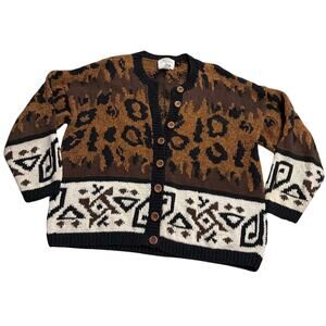 VTG Express Sweater Cardigan 1990s Hand Knit Leopard Womens Med Oversized Brown